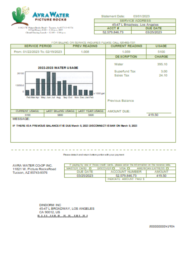 Avra Water Co Op utility business bill, SCR PSD template